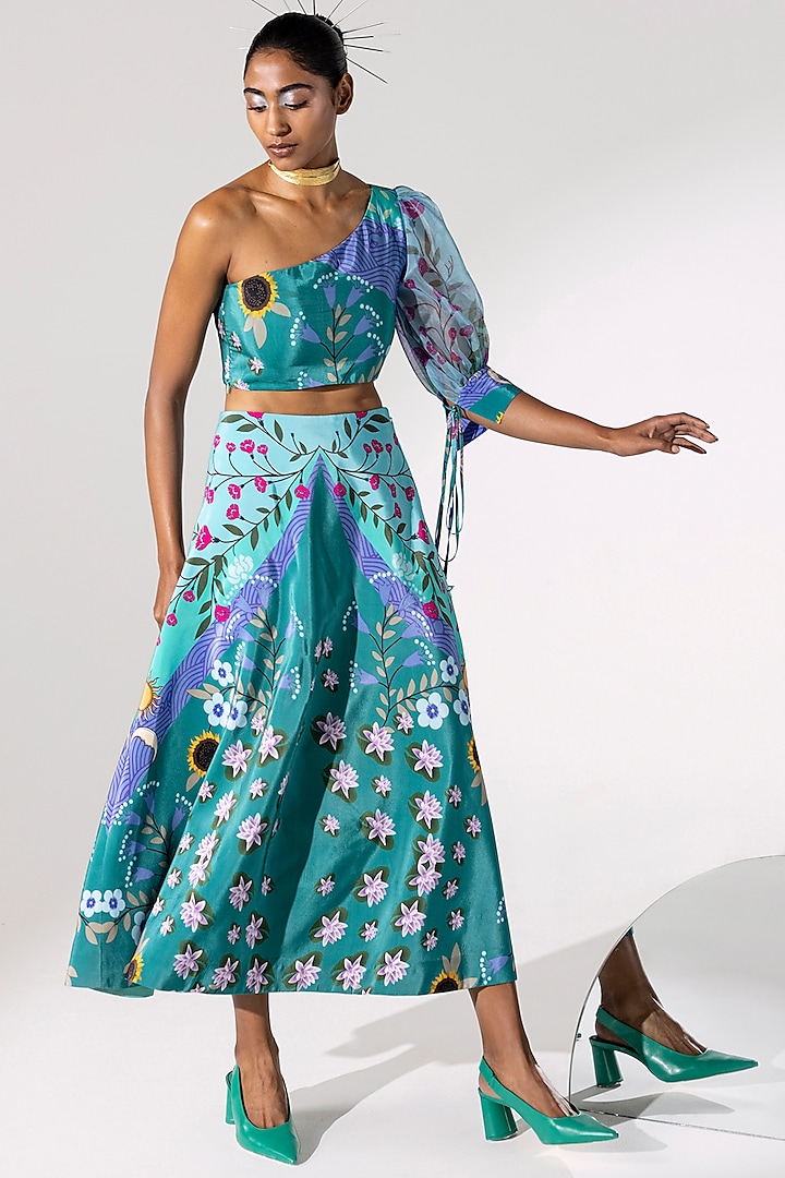 Lake Blue Printed Flared Skirt by Limerick By Abirr N' Nanki