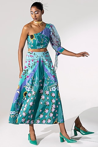 Lake Blue Printed One-Shoulder Crop Top by Limerick By Abirr N' Nanki