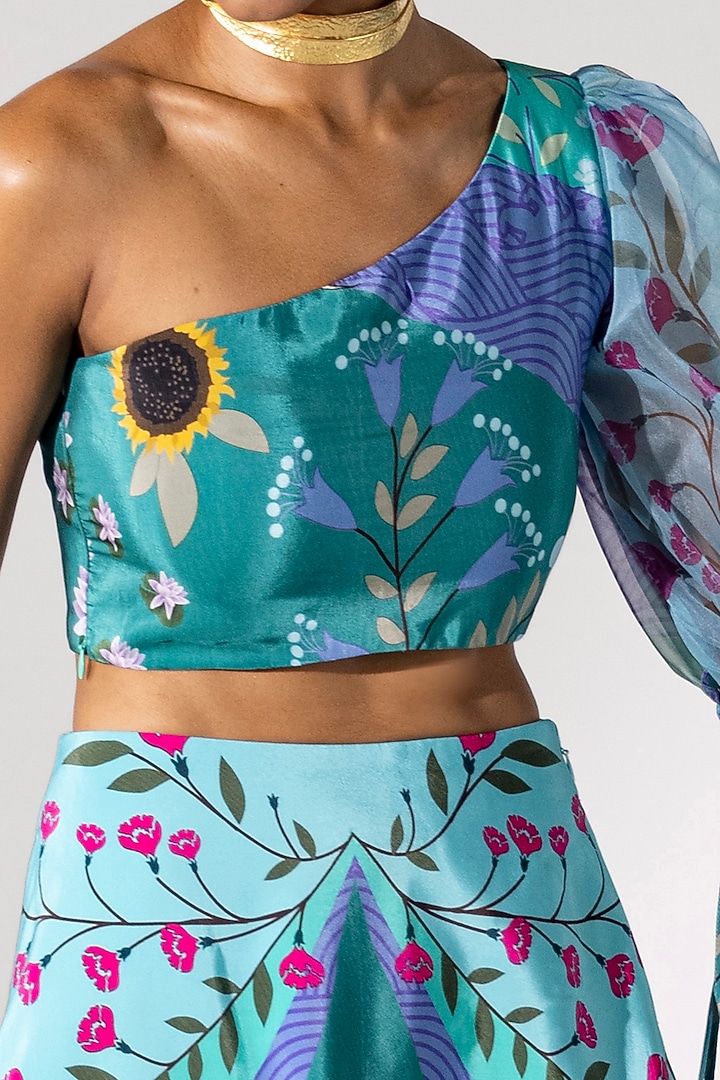 Lake Blue Printed One-Shoulder Crop Top by Limerick By Abirr N' Nanki at Pernia's Pop Up Shop