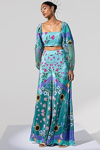 Powder Blue Printed Crop Top by Limerick By Abirr N' Nanki