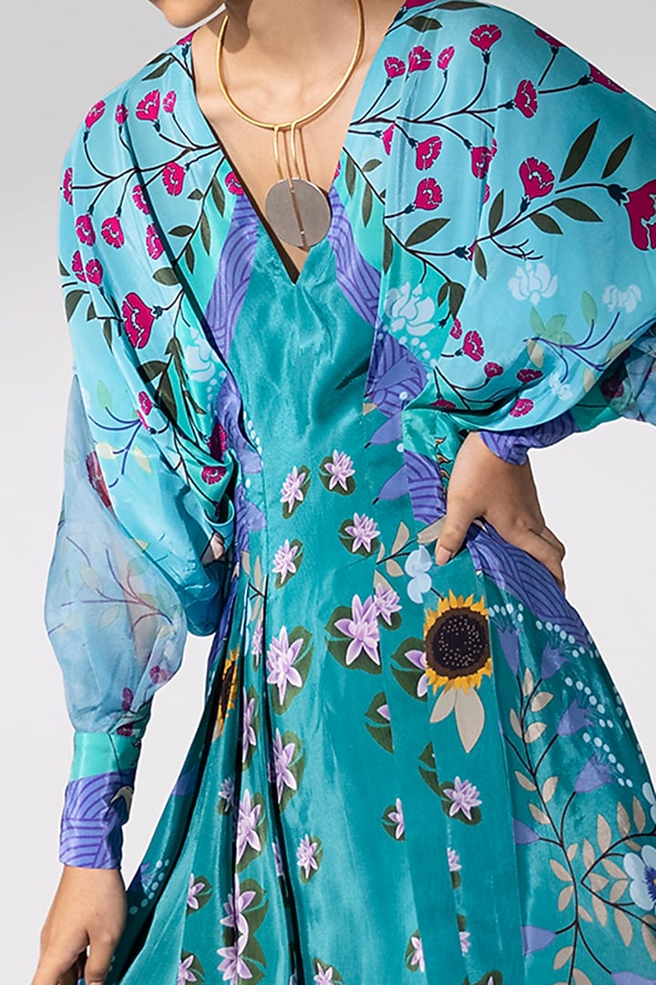 Powder Blue Printed Draped Summer Dress by Limerick By Abirr N' Nanki at Pernia's Pop Up Shop