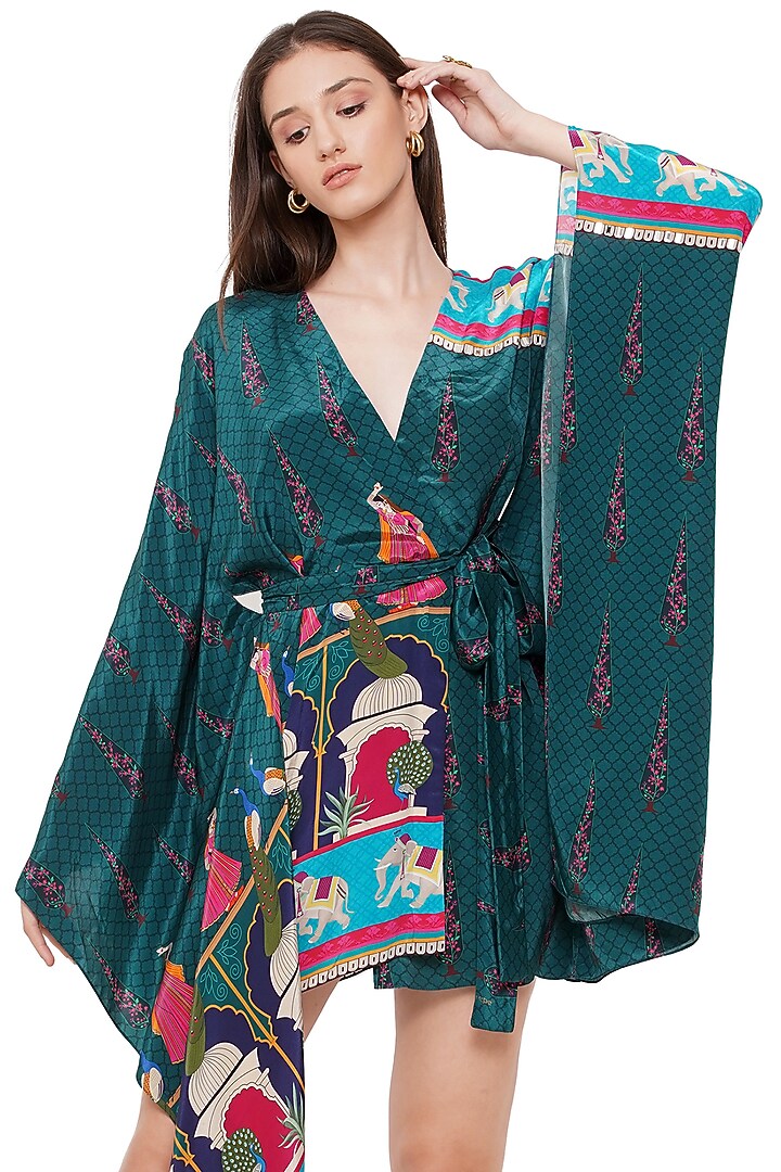 Emerald Printed & Hand Embroidered Kaftan Summer Dress by Limerick By Abirr N' Nanki at Pernia's Pop Up Shop
