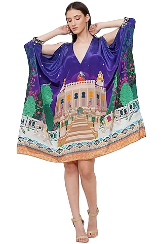 Purple Printed & Embroidered Kaftan Dress by Limerick By Abirr N' Nanki