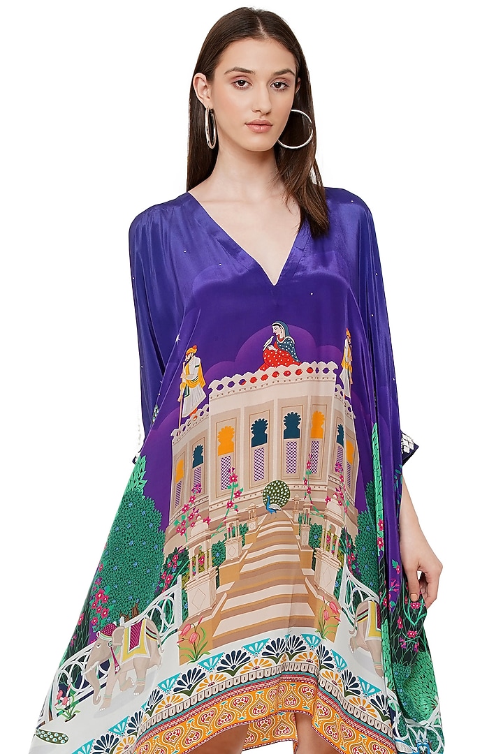 Purple Printed & Embroidered Kaftan Vacation Dress by Limerick By Abirr N' Nanki at Pernia's Pop Up Shop