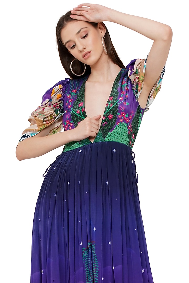 Purple Printed & Hand Embroidered Maxi Vacation Dress by Limerick By Abirr N' Nanki at Pernia's Pop Up Shop