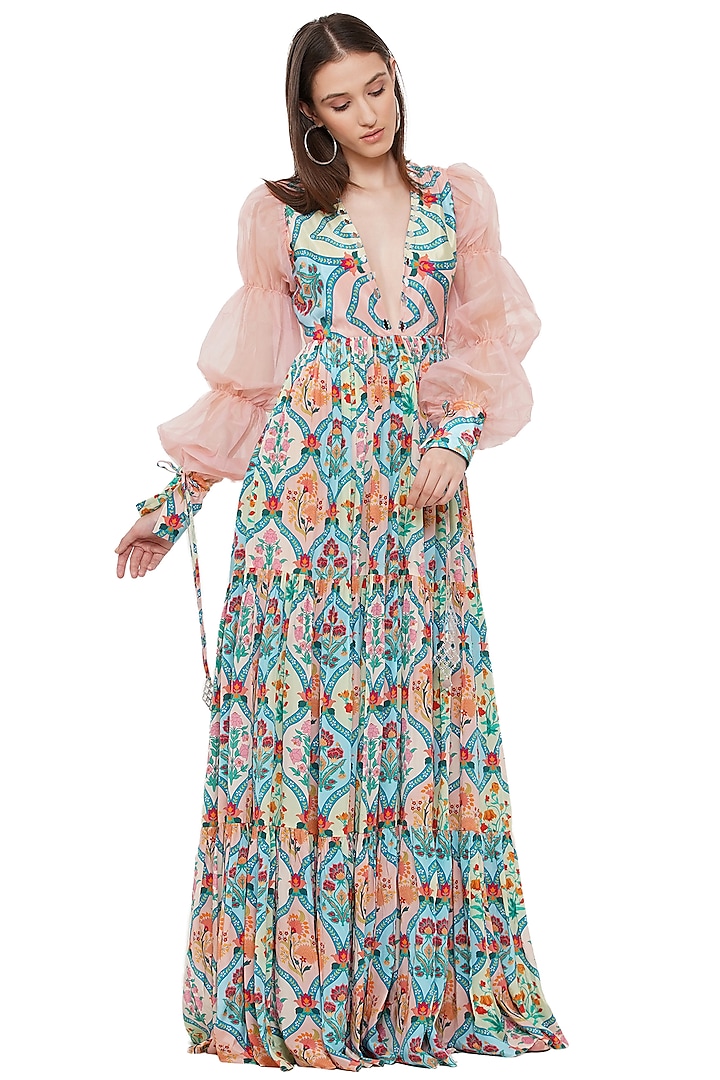 Multi-Colored Hand Embroidered Maxi Dress by Limerick By Abirr N' Nanki