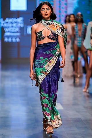 Multi-Colored Embroidered & Printed Saree by Limerick By Abirr N' Nanki