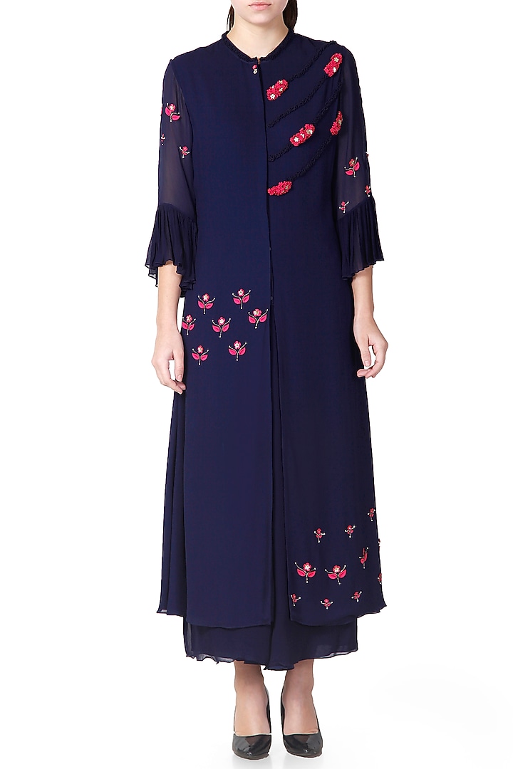 Navy Blue Embroidered Kurta With Palazzo Pants by Limerick By Abirr N' Nanki at Pernia's Pop Up Shop