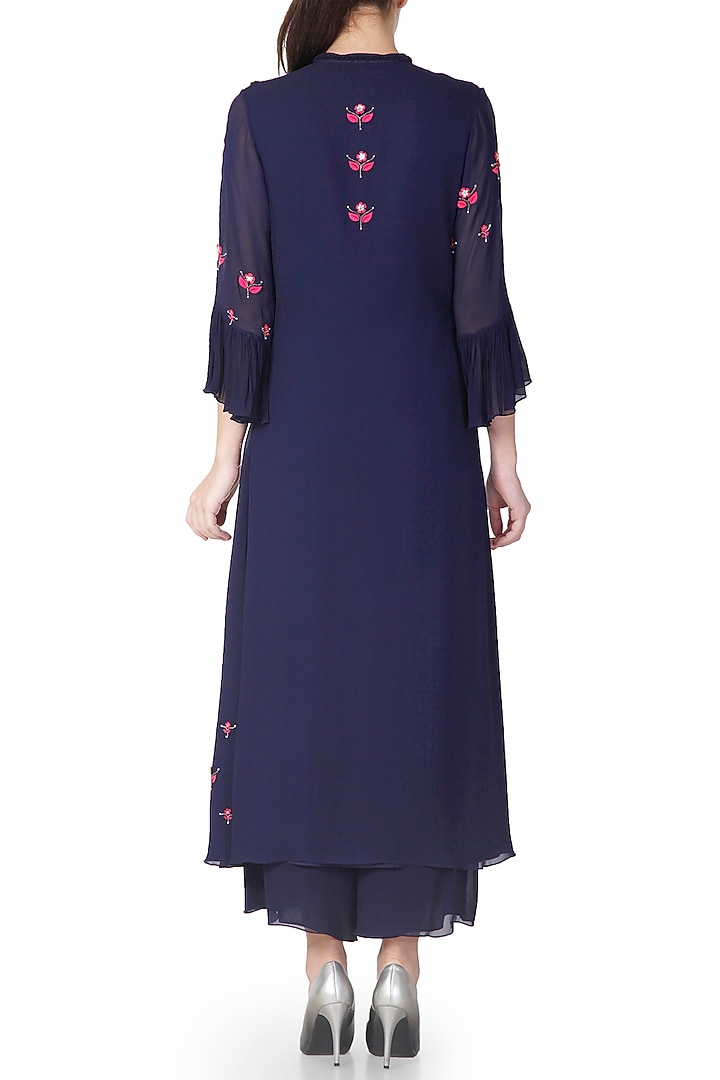 Navy Blue Embroidered Kurta With Palazzo Pants by Limerick By Abirr N' Nanki at Pernia's Pop Up Shop