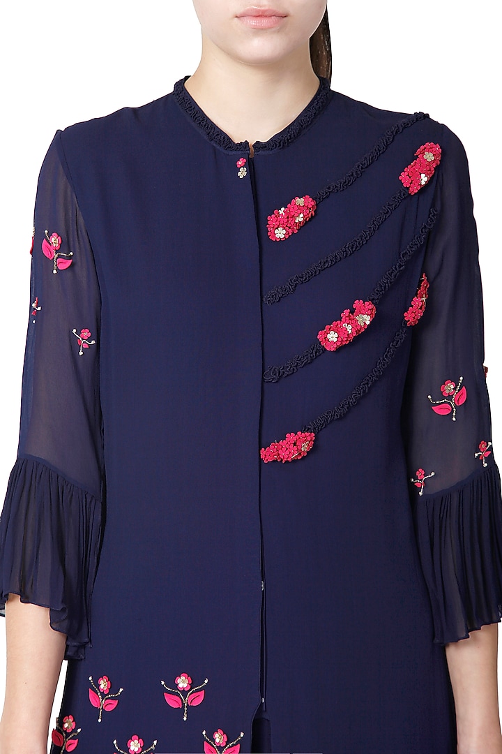 Navy Blue Embroidered Kurta With Palazzo Pants by Limerick By Abirr N' Nanki at Pernia's Pop Up Shop