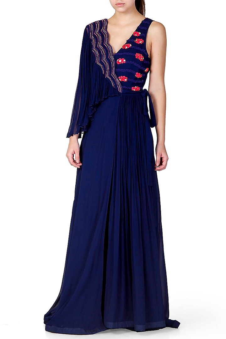 Navy Blue Embroidered Gown by Limerick By Abirr N' Nanki