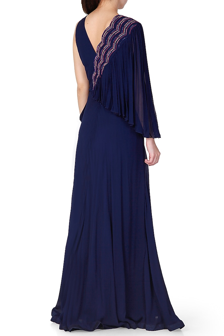 Navy Blue Embroidered Party Wear Gown by Limerick By Abirr N' Nanki at Pernia's Pop Up Shop