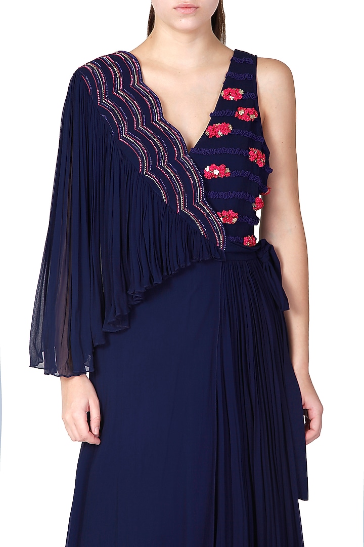 Navy Blue Embroidered Party Wear Gown by Limerick By Abirr N' Nanki at Pernia's Pop Up Shop