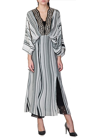 Grey & Black Draped Kurta With Embellished Pants by Limerick By Abirr N' Nanki