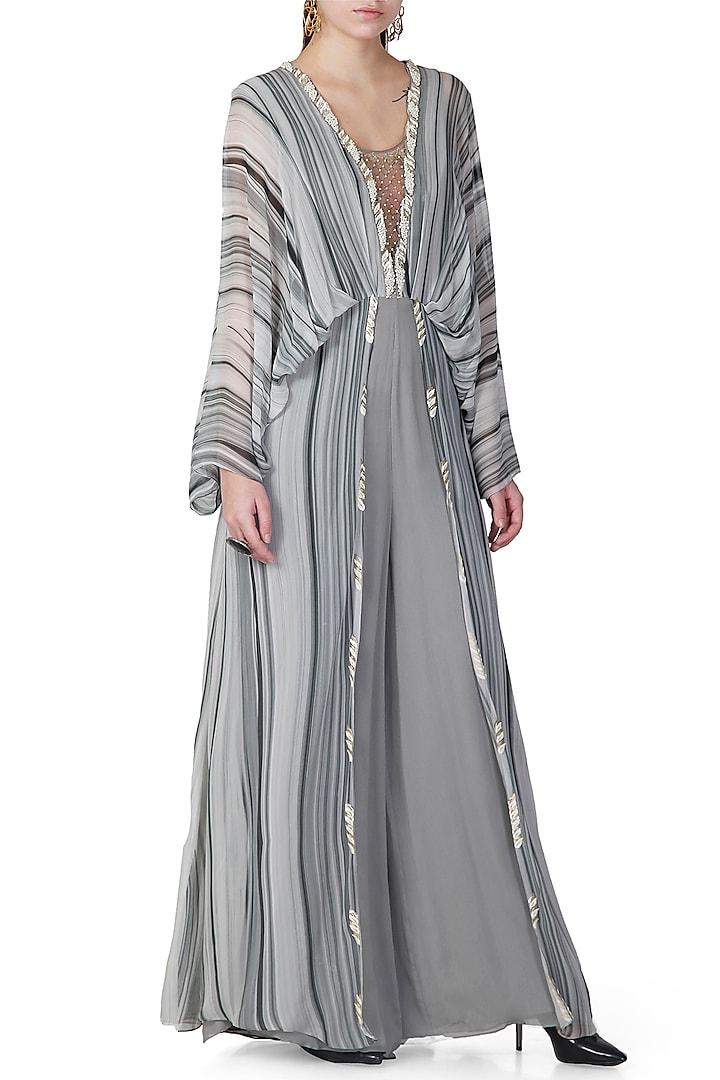 Grey Shaded Embroidered Cape Jumpsuit by Limerick By Abirr N' Nanki