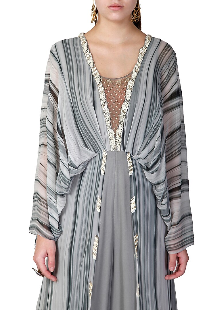 Grey Shaded Embroidered Cape Jumpsuit by Limerick By Abirr N' Nanki at Pernia's Pop Up Shop