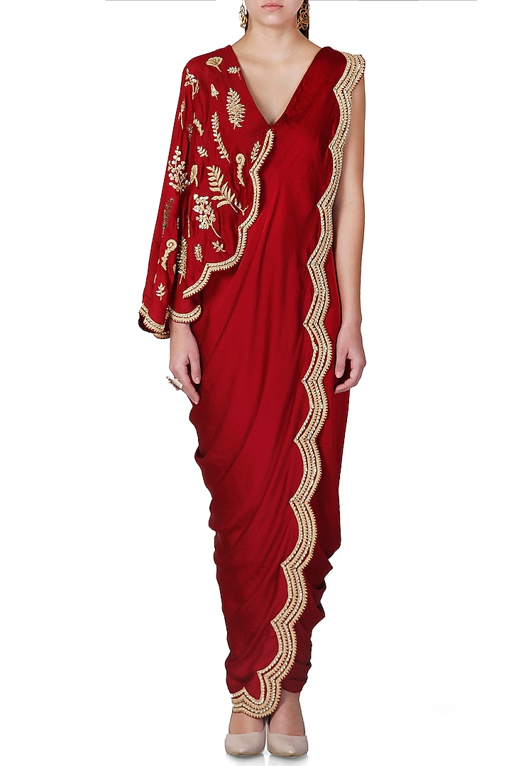 Wine Embroidered Pre-Draped Saree Set by Limerick By Abirr N' Nanki