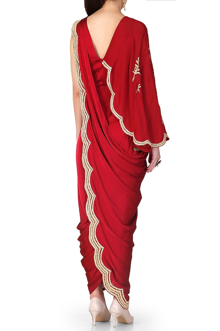Wine Satin Embroidered Pre-Draped Wedding Saree Set by Limerick By Abirr N' Nanki at Pernia's Pop Up Shop