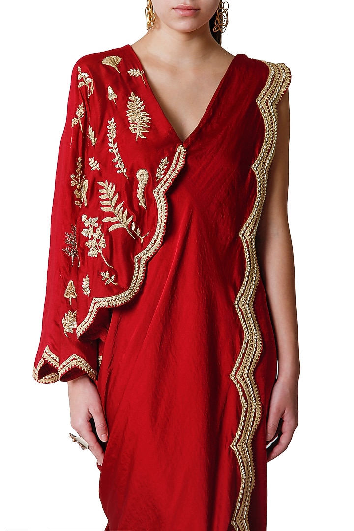 Wine Satin Embroidered Pre-Draped Wedding Saree Set by Limerick By Abirr N' Nanki at Pernia's Pop Up Shop