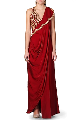Wine Embroidered Pre-Draped Saree by Limerick By Abirr N' Nanki