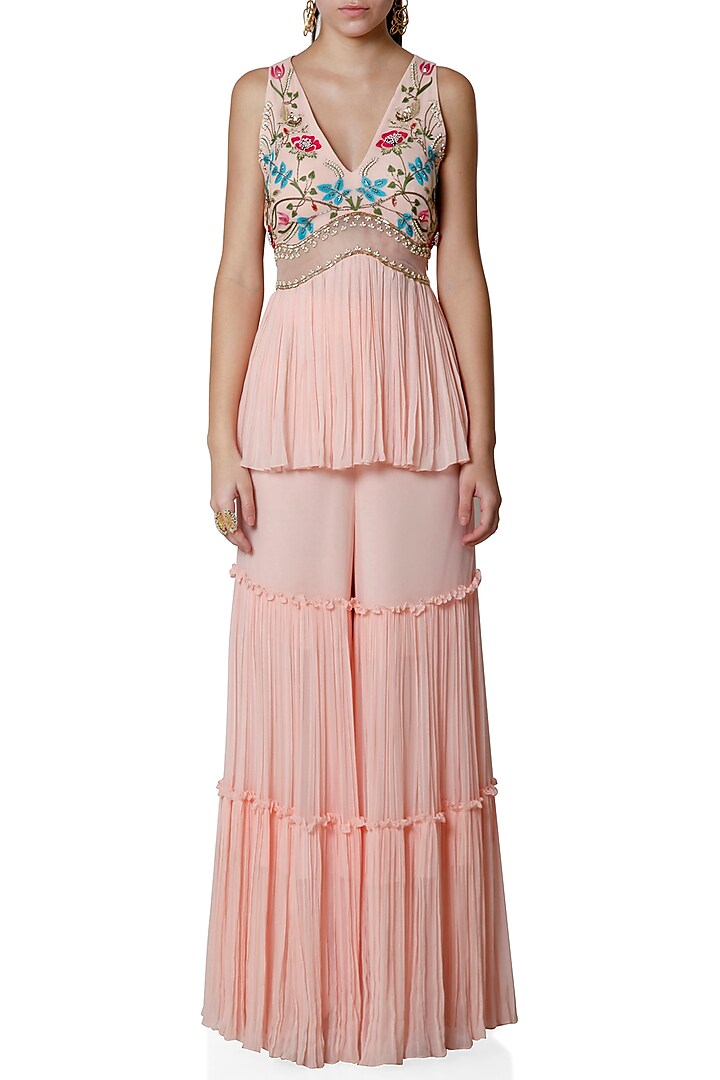 Blush Pink Embroidered Peplum Top With Sharara Pants by Limerick By Abirr N' Nanki