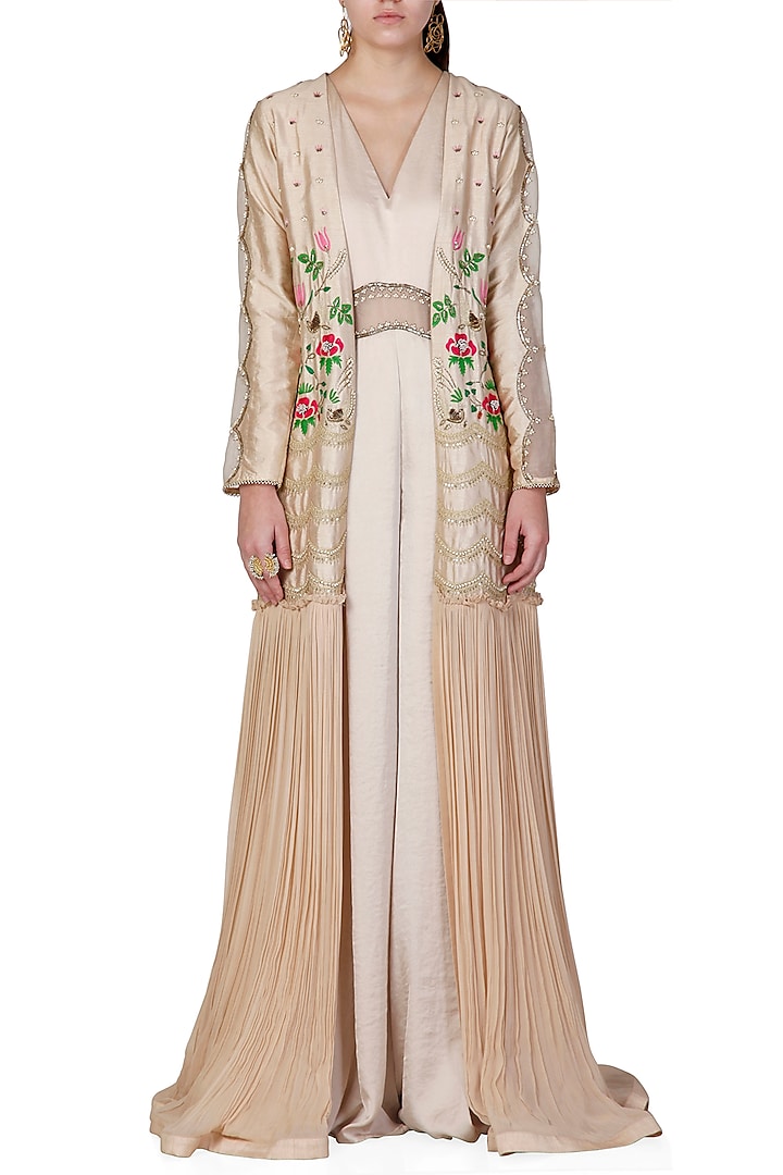 Gold Embroidered Jumpsuit With Jacket by Limerick By Abirr N' Nanki
