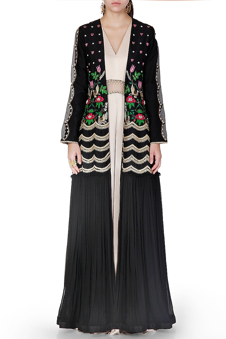 Black & Gold Embroidered Jumpsuit With Jacket by Limerick By Abirr N' Nanki