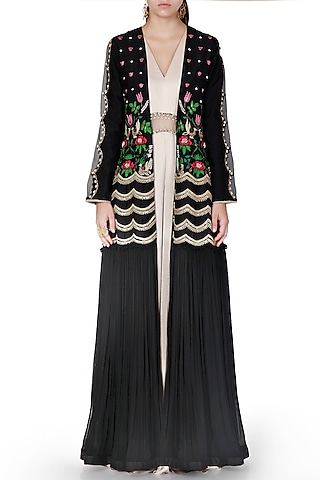 Black & Gold Embroidered Jumpsuit With Jacket by Limerick By Abirr N' Nanki