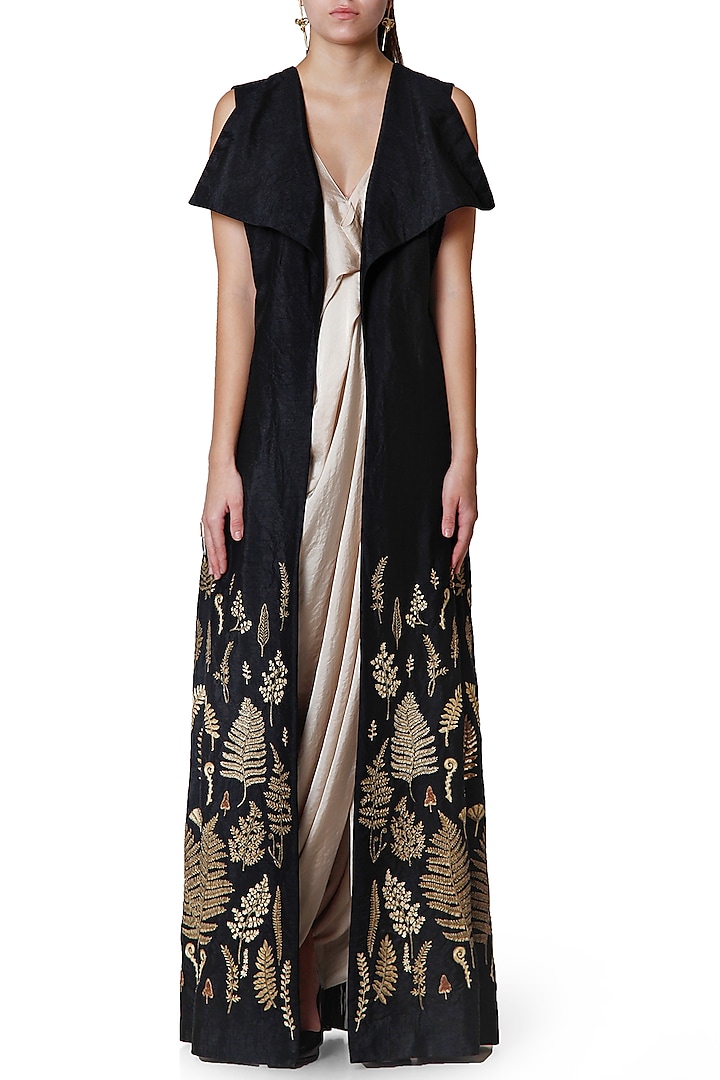Black & Gold Draped Saree With Jacket by Limerick By Abirr N' Nanki