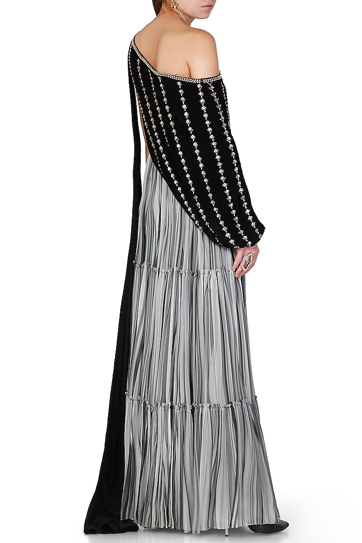 Black & Grey Embroidered Off-Shoulder Top With Wedding Sharara Pants by Limerick By Abirr N' Nanki at Pernia's Pop Up Shop