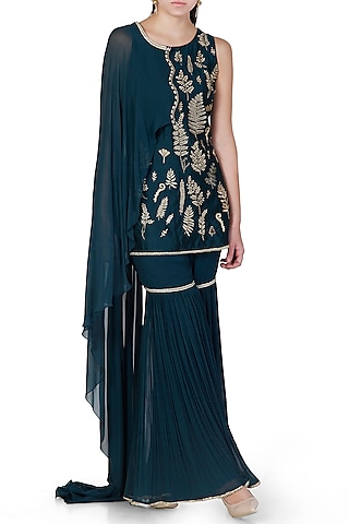 Teal Embroidered Draped Kurta With Sharara Pants by Limerick By Abirr N' Nanki