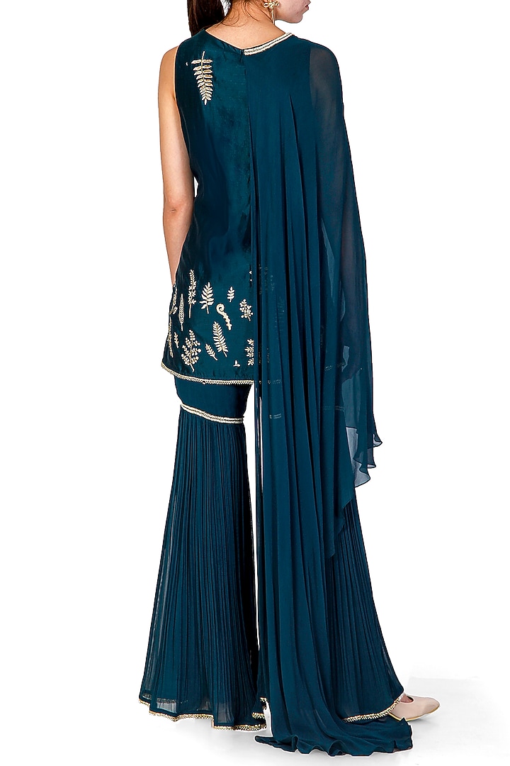 Teal Embroidered Draped Kurta With Sharara Pants by Limerick By Abirr N' Nanki at Pernia's Pop Up Shop