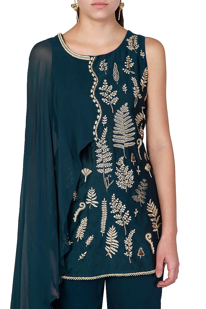 Teal Embroidered Draped Kurta With Sharara Pants by Limerick By Abirr N' Nanki at Pernia's Pop Up Shop