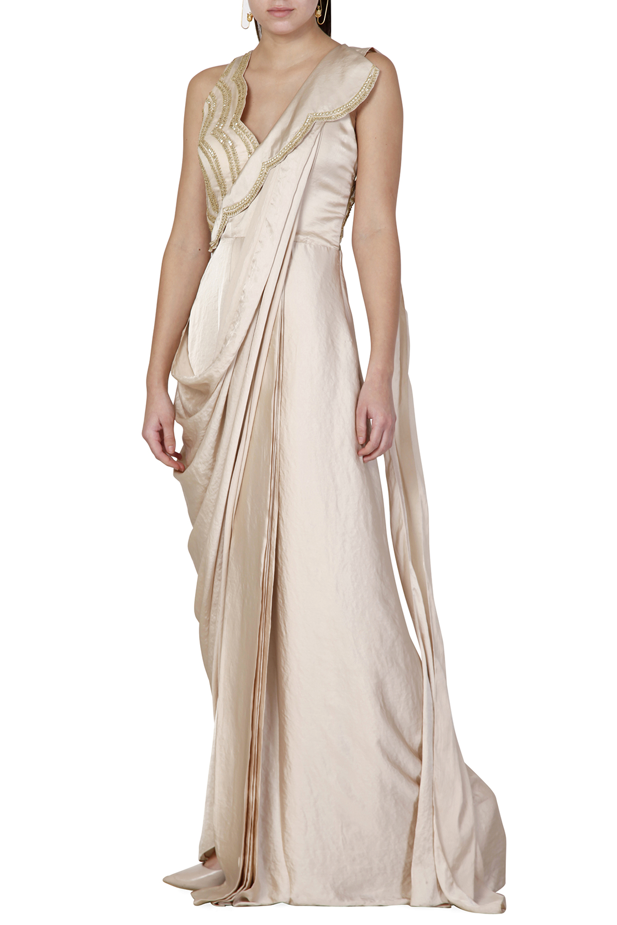 Golden Hammered Satin Embroidered Pre-Draped Wedding Saree by Limerick By Abirr N' Nanki at Pernia's Pop Up Shop