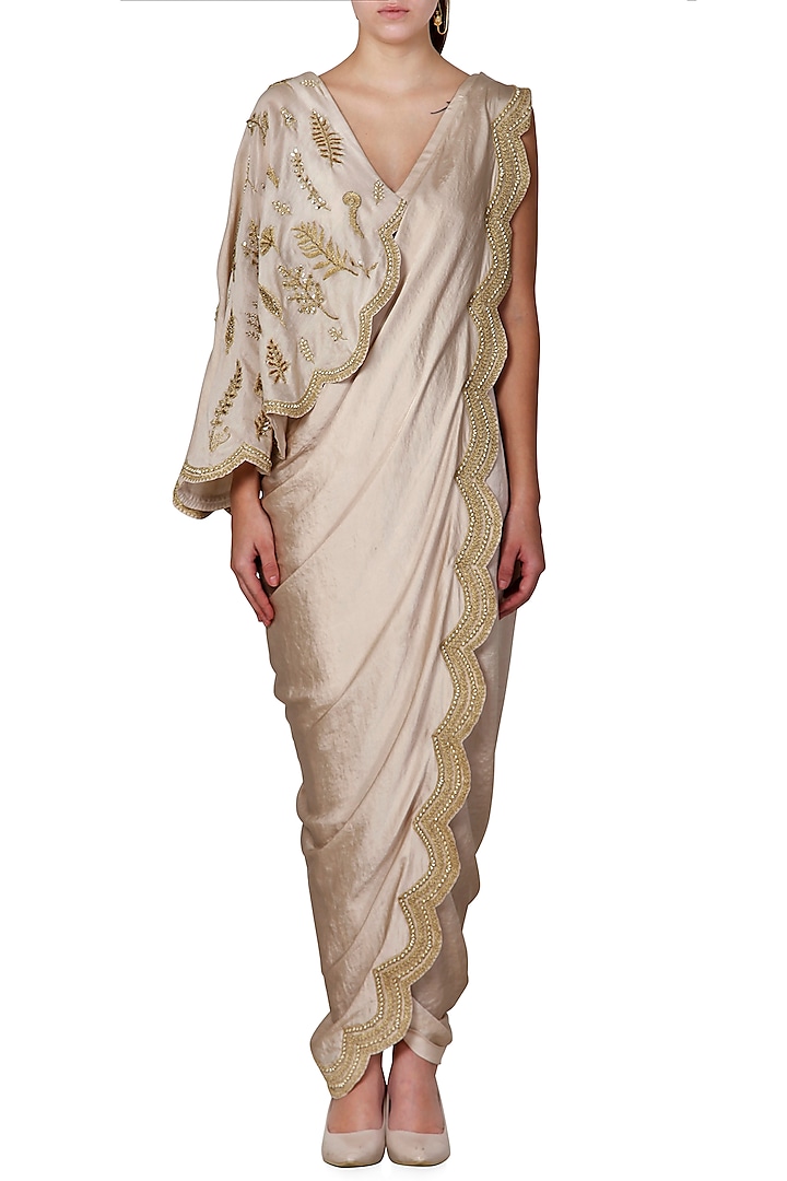 Gold Embroidered Pre-Draped Saree Set by Limerick By Abirr N' Nanki