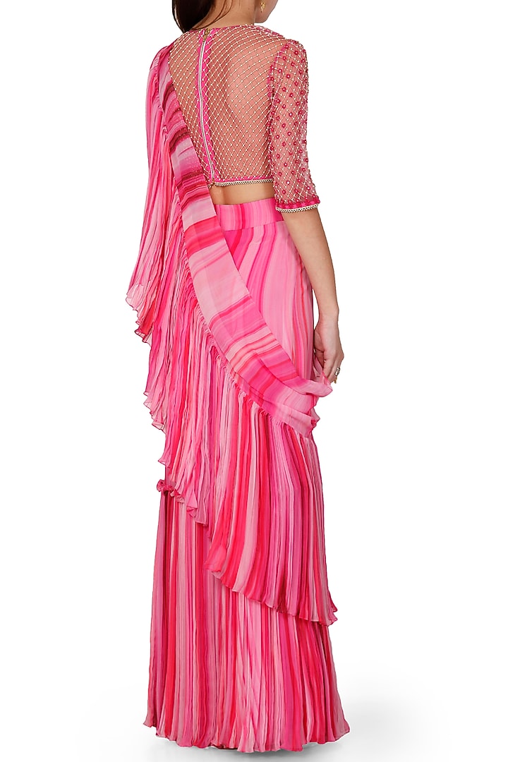 Pink Shaded Embroidered Pre-Draped Wedding Saree Set by Limerick By Abirr N' Nanki at Pernia's Pop Up Shop
