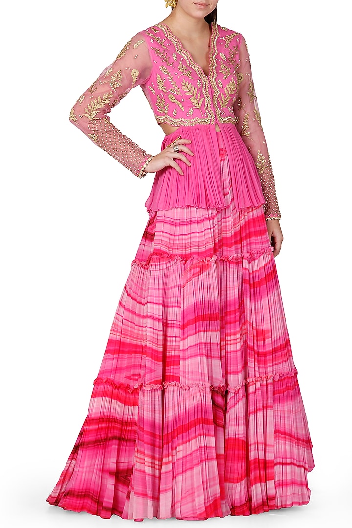 Pink Embroidered Peplum Top With Layered Lehenga by Limerick By Abirr N' Nanki
