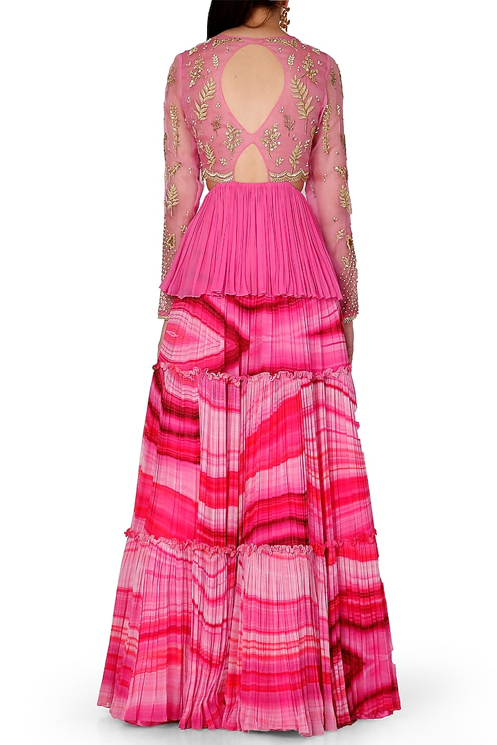 Pink Embroidered Peplum Top With Layered Wedding Lehenga by Limerick By Abirr N' Nanki at Pernia's Pop Up Shop