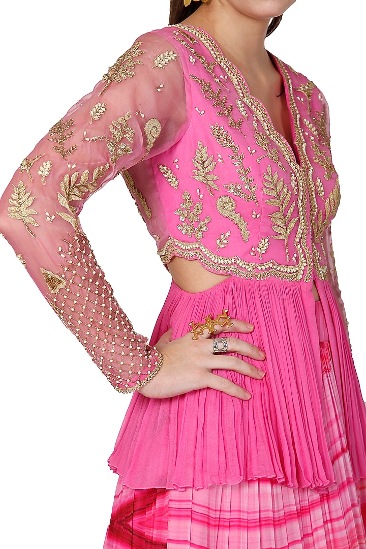 Pink Embroidered Peplum Top With Layered Wedding Lehenga by Limerick By Abirr N' Nanki at Pernia's Pop Up Shop
