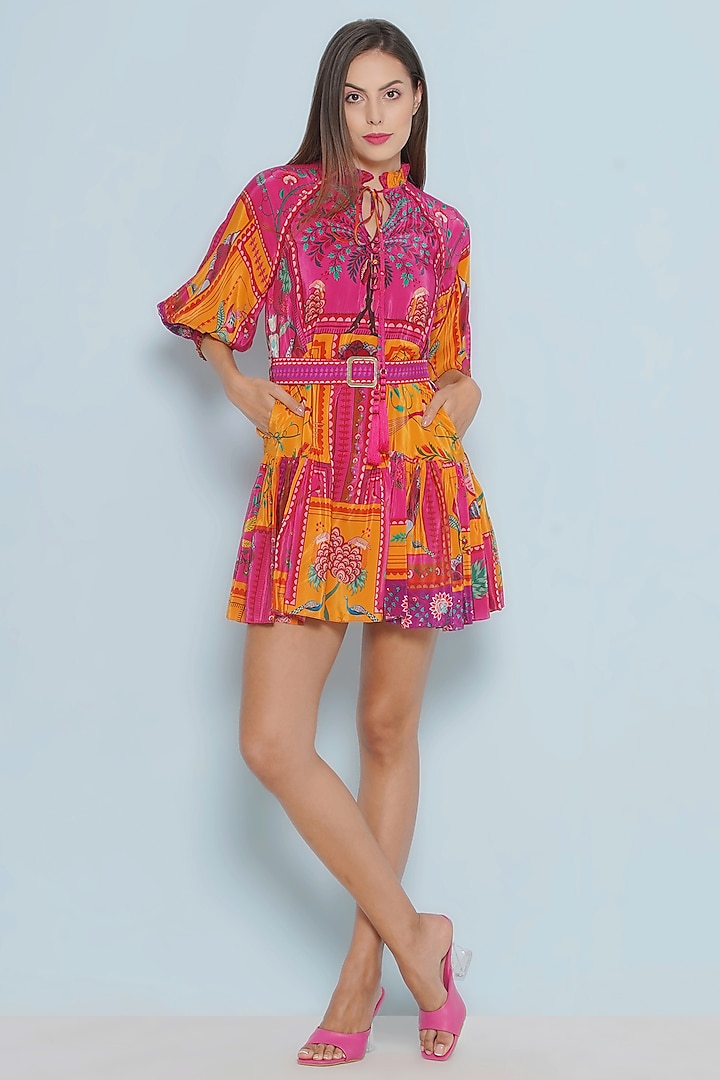 Multi-Colored Crepe Printed & Embroidered Tiered Summer Dress by Limerick By Abirr N' Nanki at Pernia's Pop Up Shop