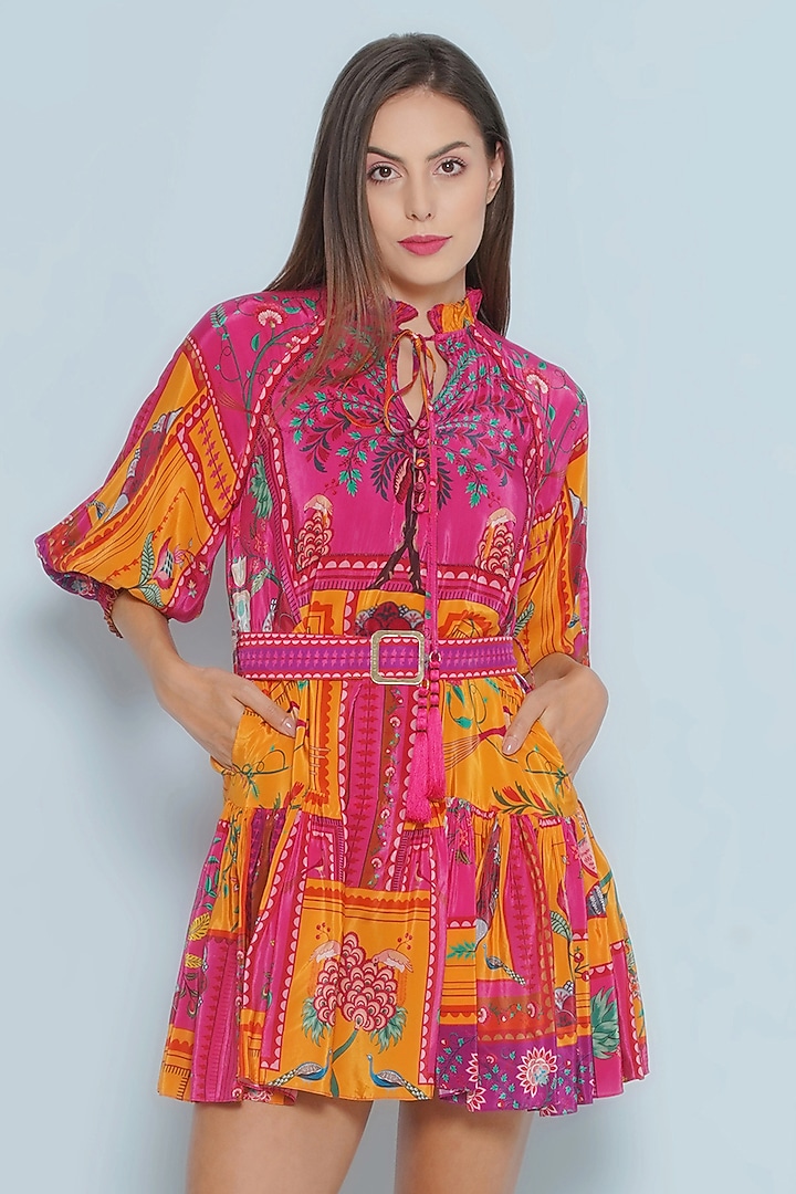 Multi-Colored Crepe Printed & Embroidered Tiered Vacation Dress by Limerick By Abirr N' Nanki at Pernia's Pop Up Shop