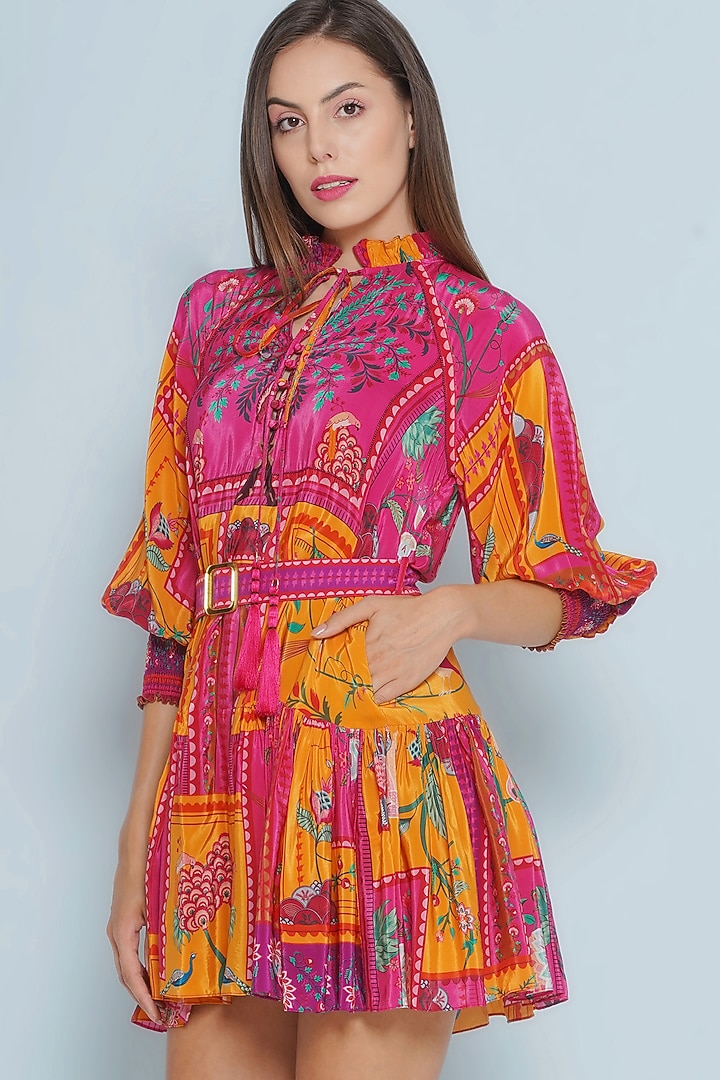 Multi-Colored Crepe Printed & Embroidered Tiered Vacation Dress by Limerick By Abirr N' Nanki at Pernia's Pop Up Shop