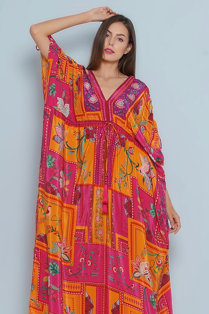Multi-Colored Crepe Chintz Printed & Embroidered Kaftan by Limerick By Abirr N' Nanki at Pernia's Pop Up Shop