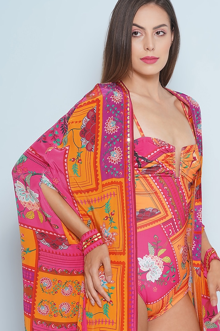 Multi-Colored Crepe Embroidered & Chintz Printed Cape by Limerick By Abirr N' Nanki at Pernia's Pop Up Shop