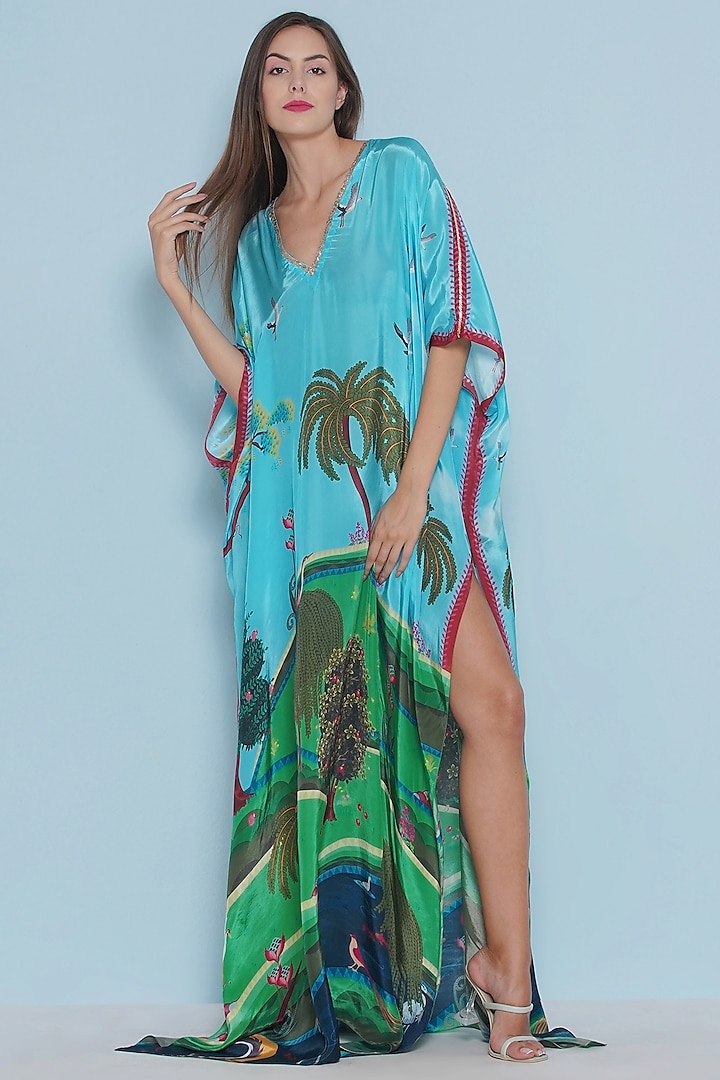 Multi-Colored Crepe Printed & Embroidered Kaftan by Limerick By Abirr N' Nanki