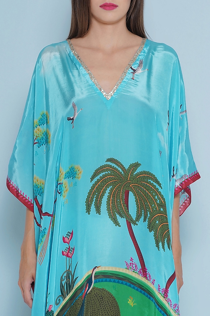 Multi-Colored Crepe Printed & Embroidered Kaftan by Limerick By Abirr N' Nanki at Pernia's Pop Up Shop