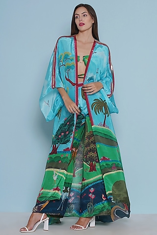 Multi-Colored Crepe Chintz Printed & Embroidered Kimono by Limerick By Abirr N' Nanki