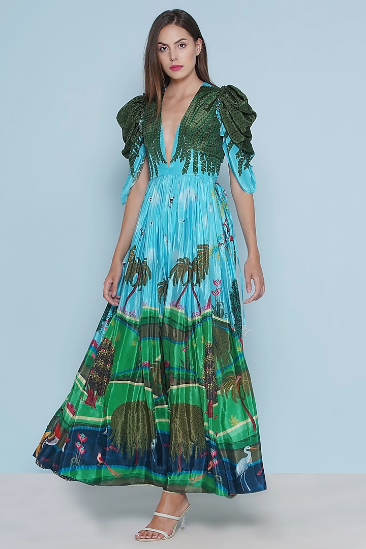 Multi-Colored Crepe Chintz Printed & Hand Embroidered Maxi Dress by Limerick By Abirr N' Nanki at Pernia's Pop Up Shop