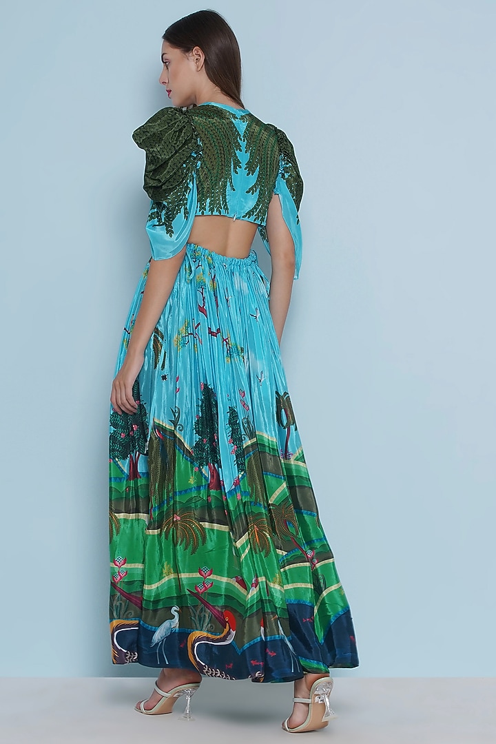 Multi-Colored Crepe Chintz Printed & Hand Embroidered Maxi Vacation Dress by Limerick By Abirr N' Nanki at Pernia's Pop Up Shop