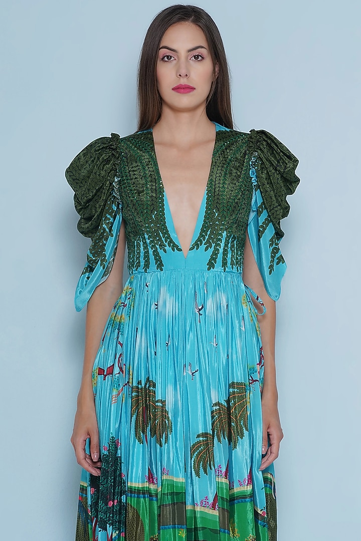 Multi-Colored Crepe Chintz Printed & Hand Embroidered Maxi Vacation Dress by Limerick By Abirr N' Nanki at Pernia's Pop Up Shop
